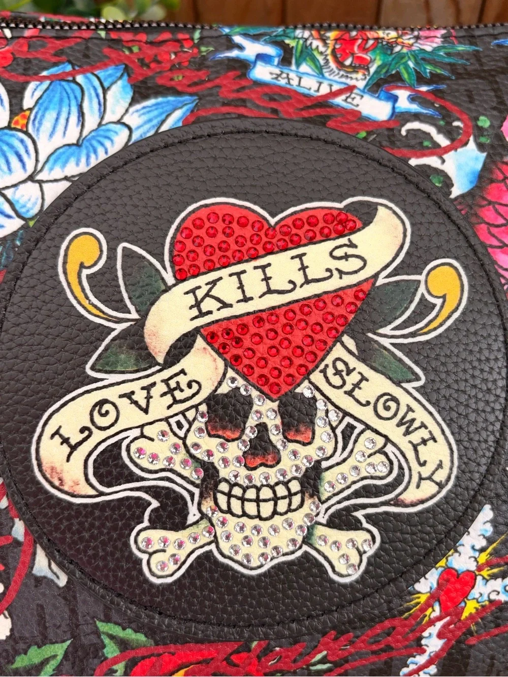 Ed Hardy “Love Kills Slowly” Cosmetic Case, Skull Makeup Travel Bag, Tattoo Art